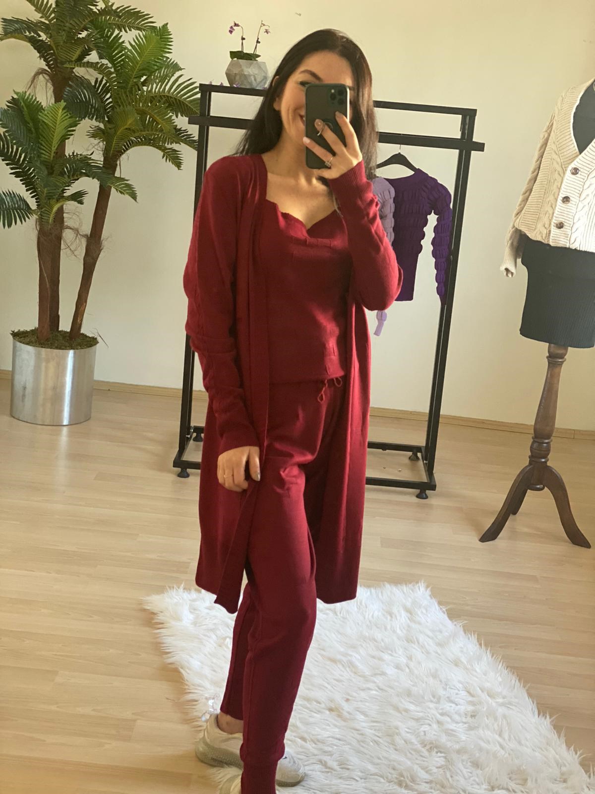 Bordo Renkli Desenli 3lü Triko Takım