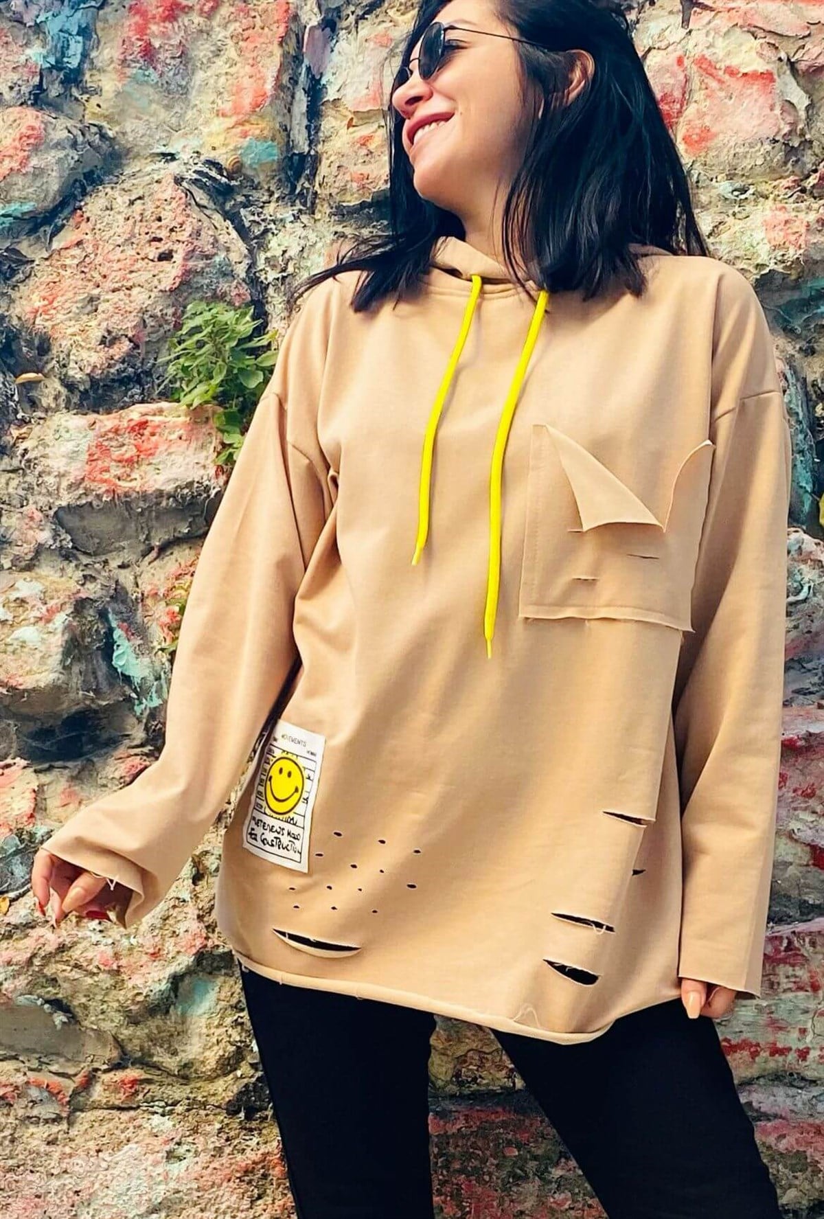 Camel Kapişonlu Yırtık Detaylı Tunik Sweat