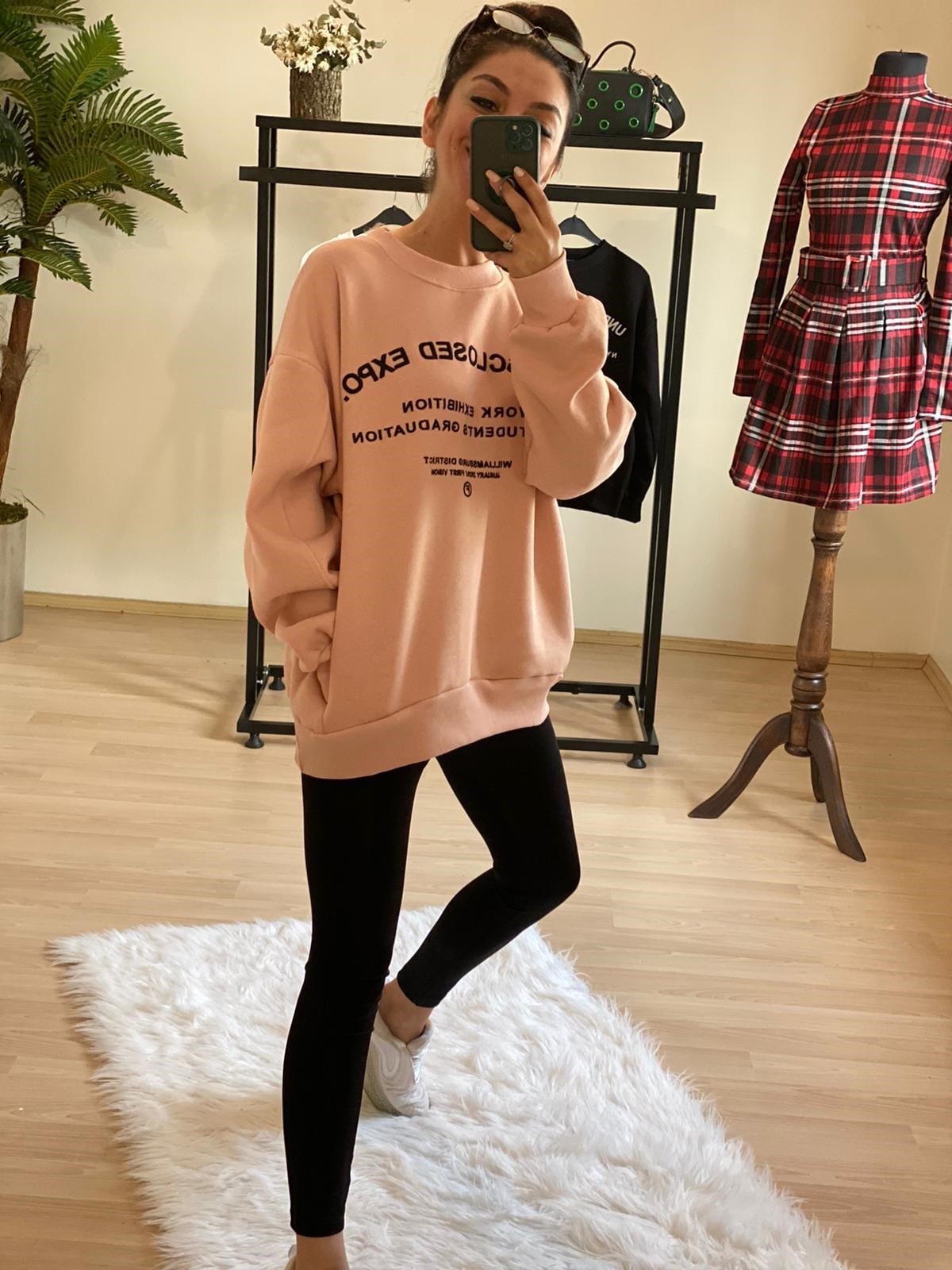 Cepli Baskılı Pudra Renk Sweatshirt