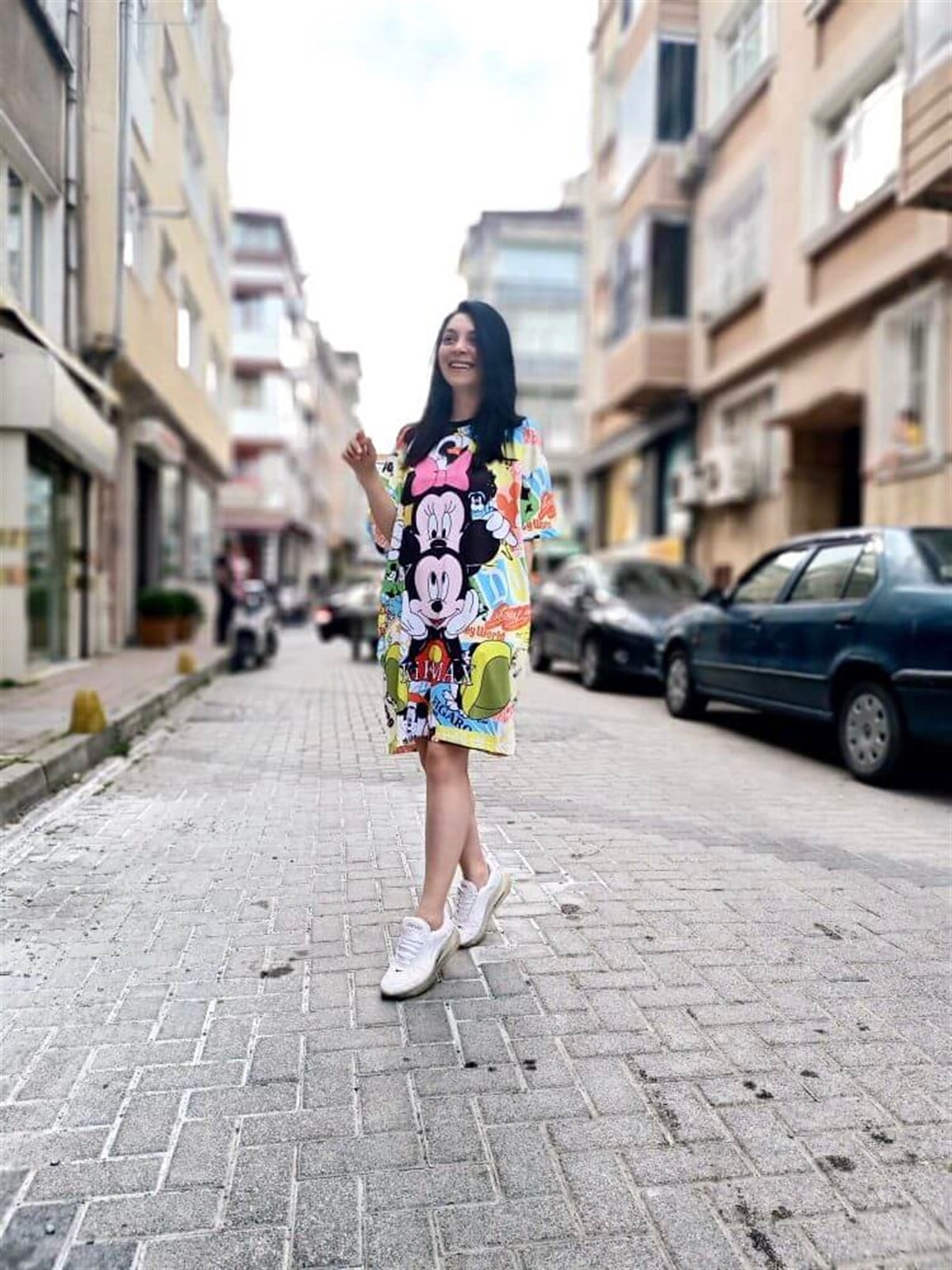 Cepli Dijital Baskı Oversize Mickey Elbise