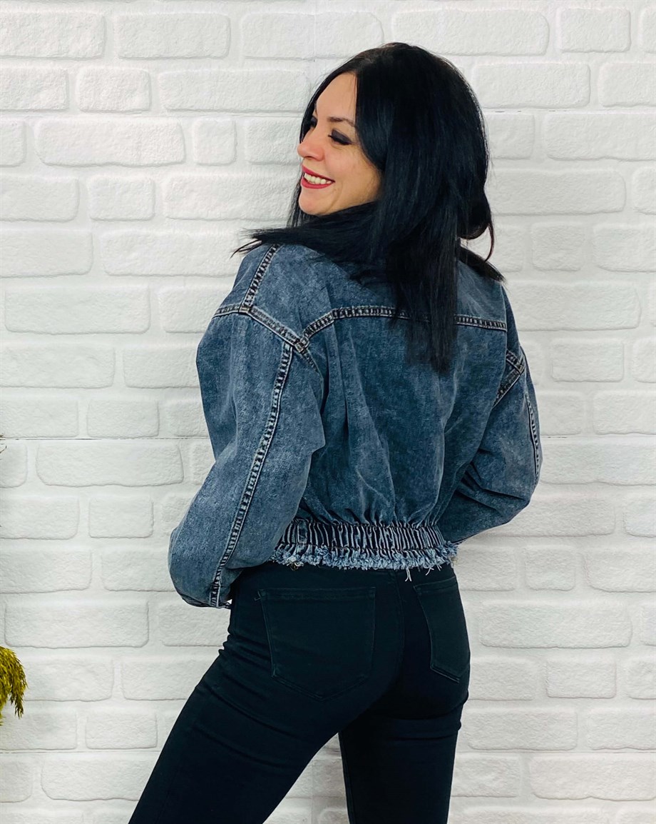 Çift Cepli Eteği Lastikli Balon Kol Crop Kot Ceket