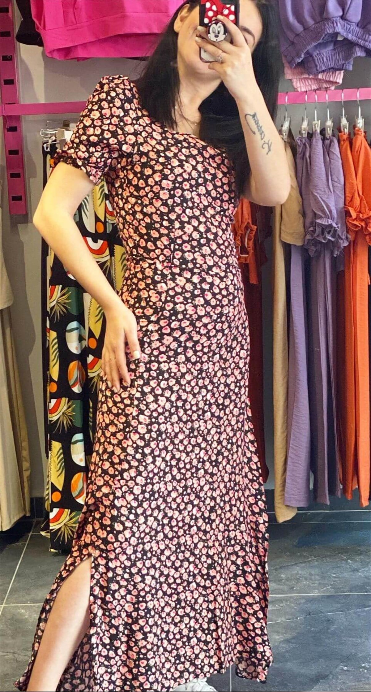 Çıtır Çiçek Desenli Zara Model Yırtmaç Detaylı Elbise