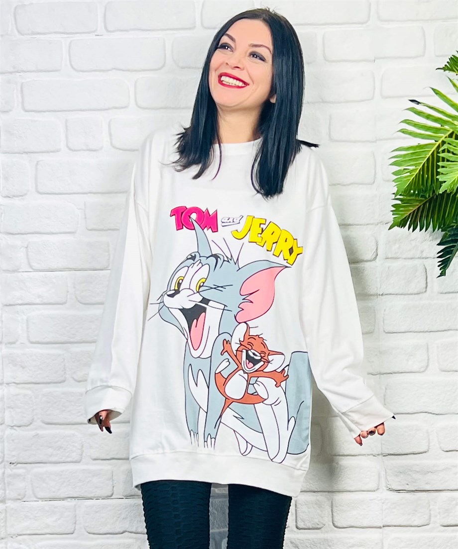 Ekru Bisiklet Yaka Çizgi Karakter Baskılı Sweatshirt