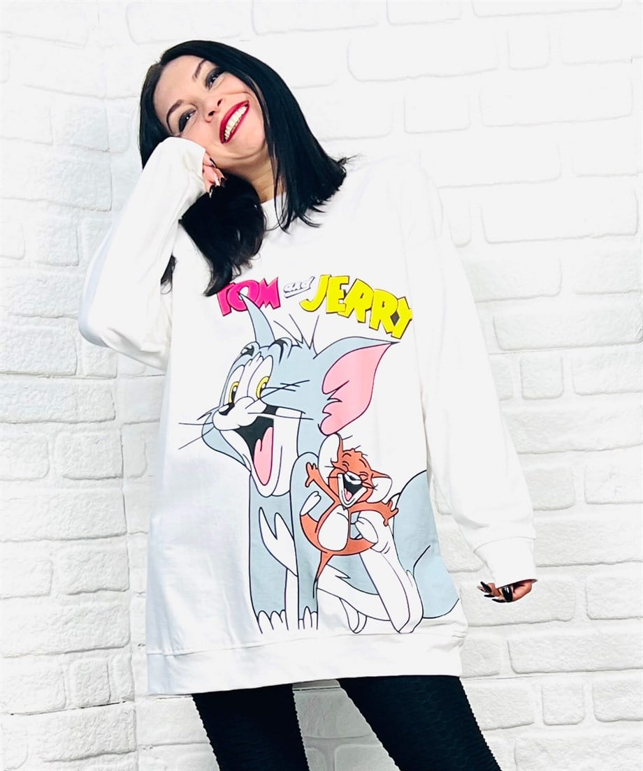 Ekru Bisiklet Yaka Çizgi Karakter Baskılı Sweatshirt