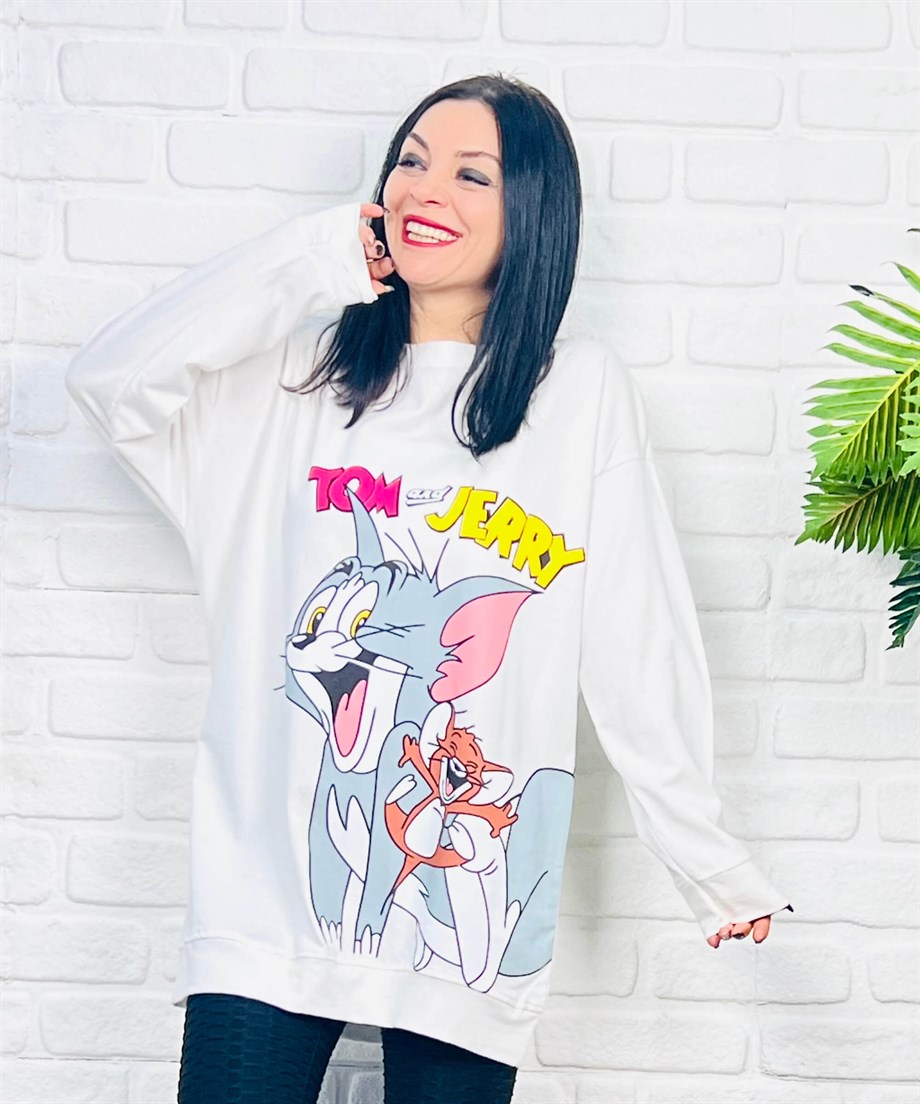 Ekru Bisiklet Yaka Çizgi Karakter Baskılı Sweatshirt