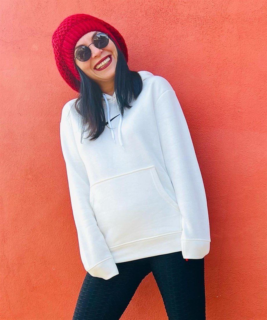 Ekru Kapüşonlu Ön ve Arka Baskılı İçi Şardonlu Sweatshirt