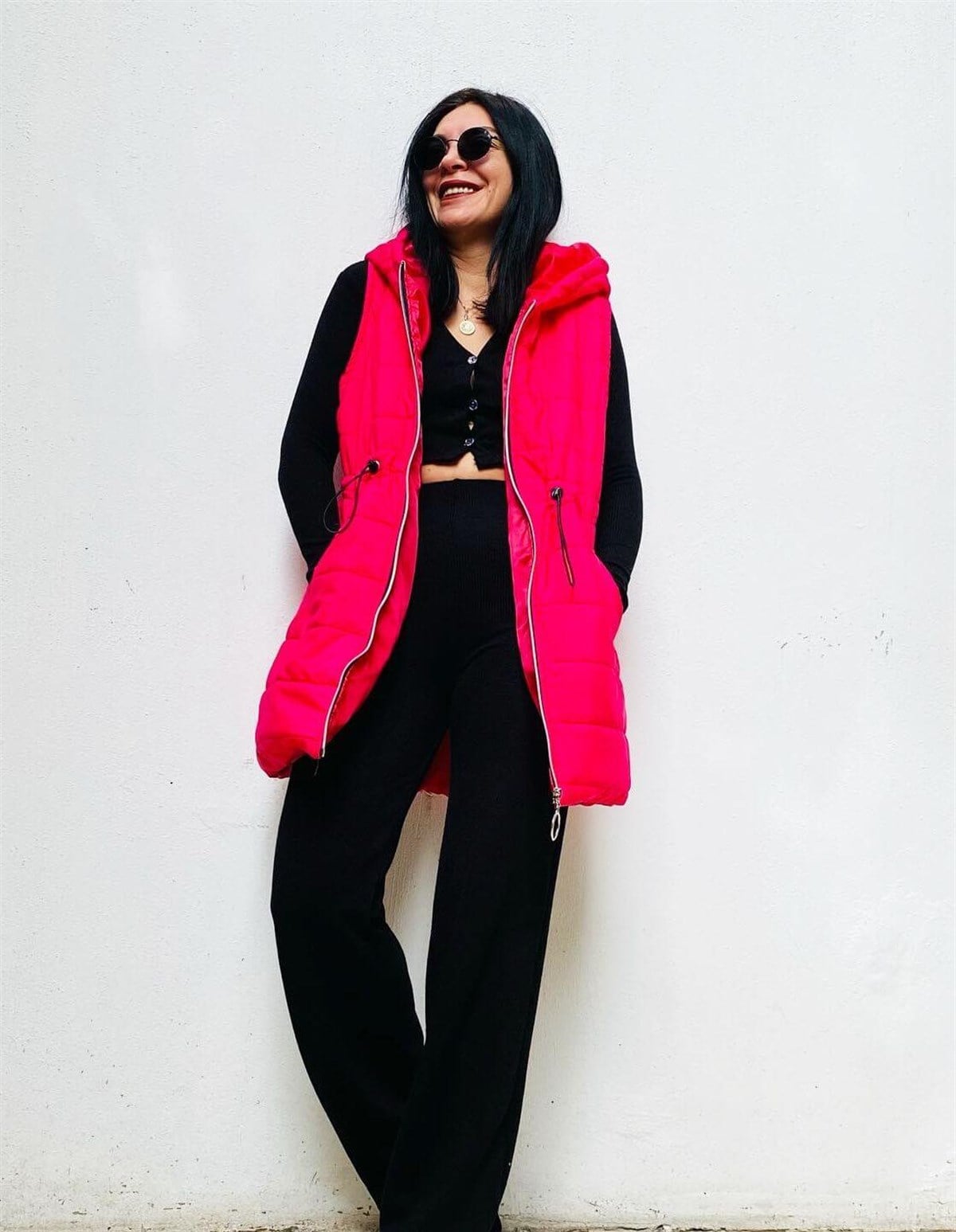 Fuşya Pembe Ara Boy Bel Ayarlanabilir Kapişonlu Su Geçirmez Şişme Yelek