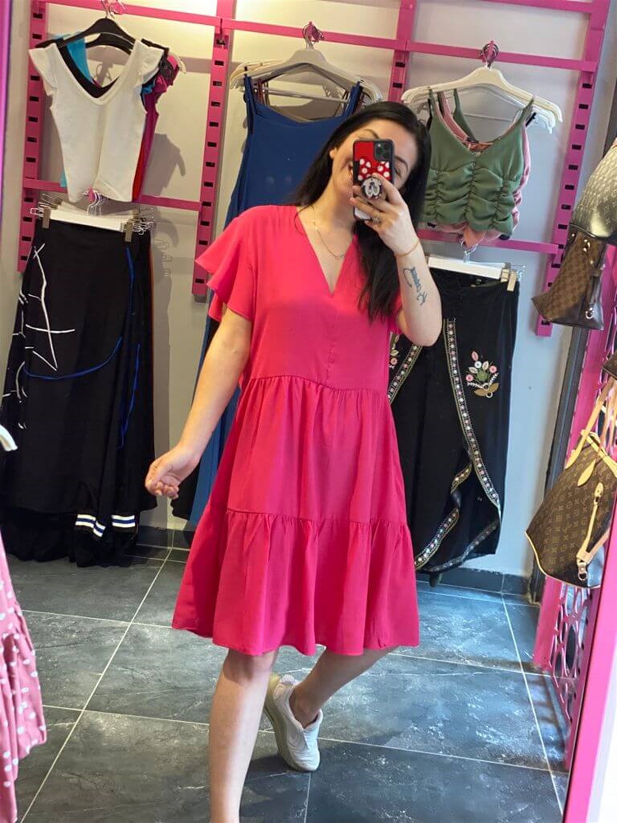 Fuşya Pembe Pamuk Keten Rahat Kalıp Elbise