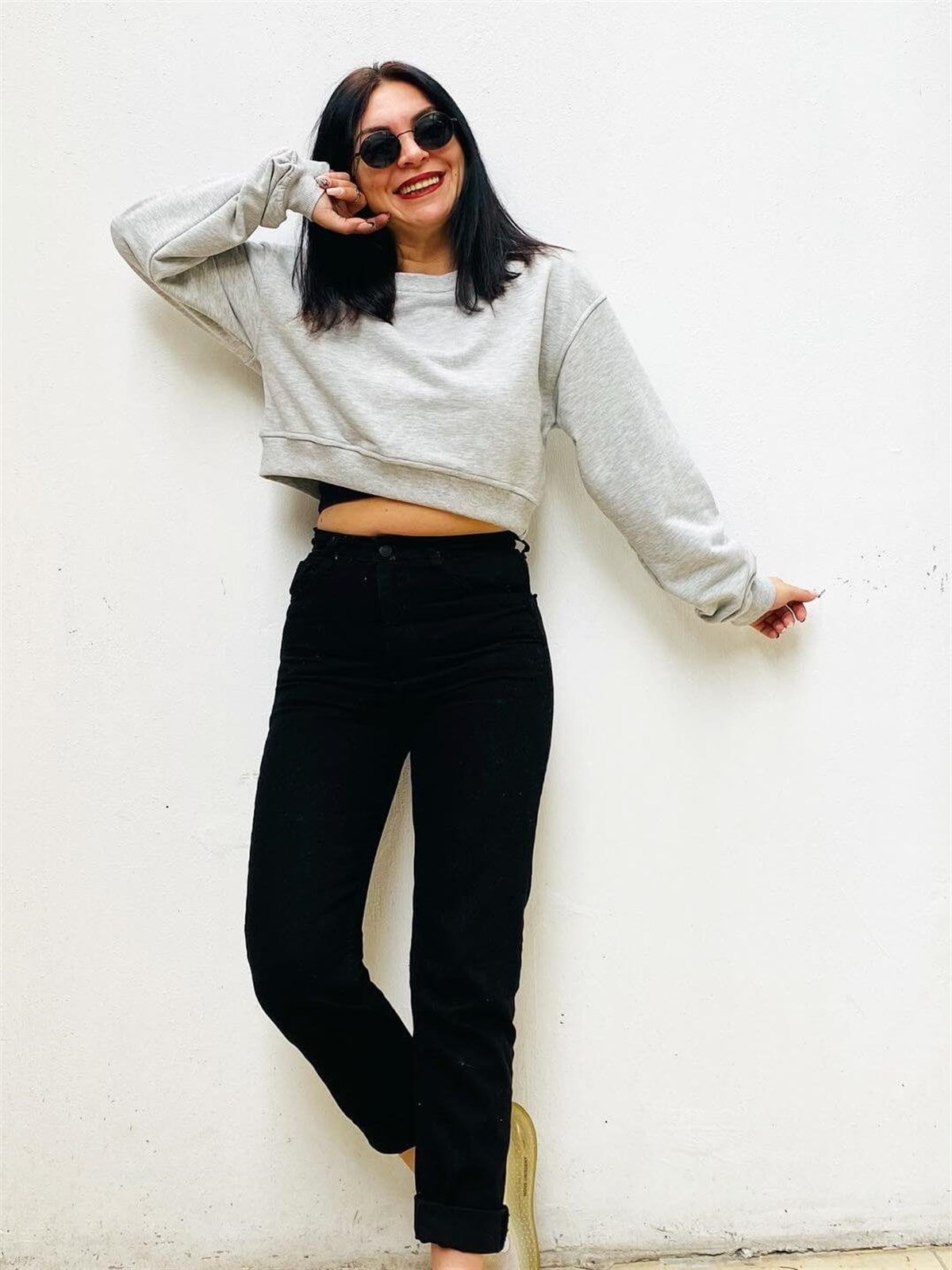 Gri Pamuklu Crop Sweat 