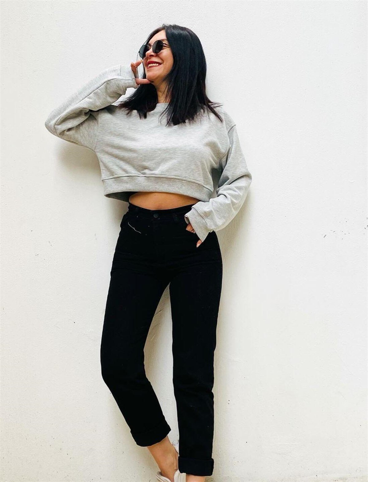 Gri Pamuklu Crop Sweat 