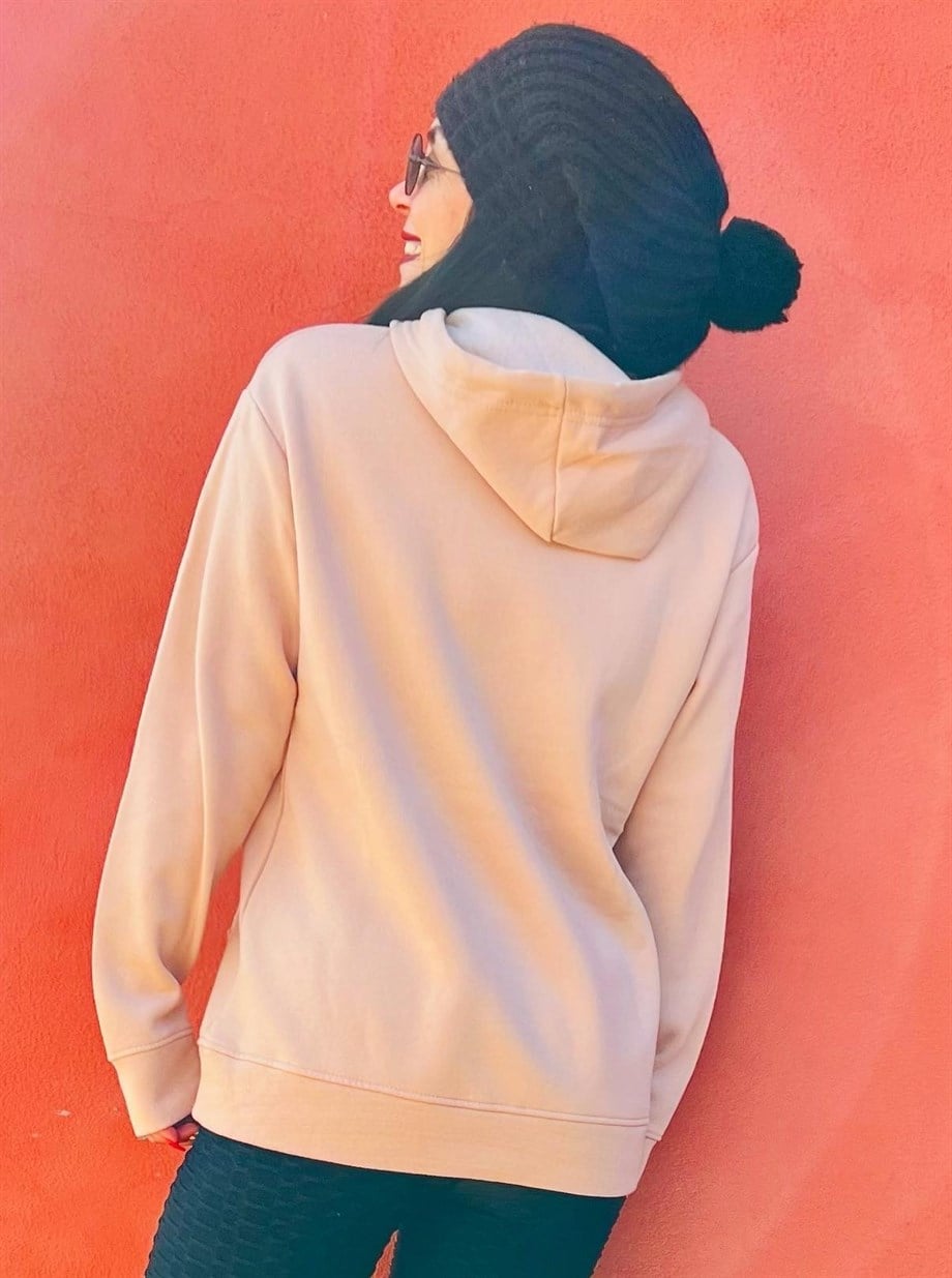 Gül Kurusu Kapüşonlu Kabartma Baskılı İçi Şardonlu Sweatshirt