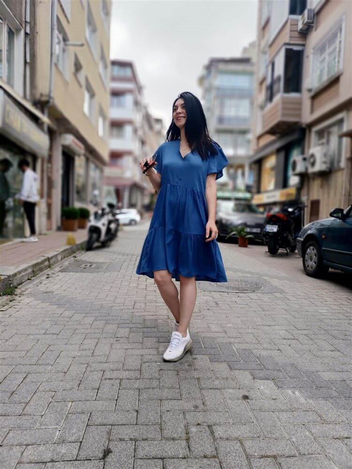 İndigo Pamuk Keten Rahat Kalıp Elbise