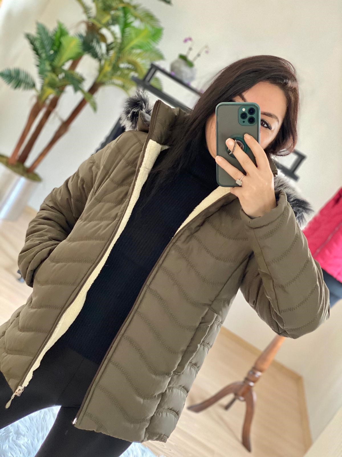 Kapişonlu İçi Yünlü Ara Boy Haki Mont