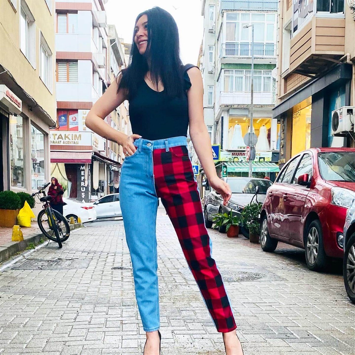 Kırmızı Ekose Desenli Mom Jean