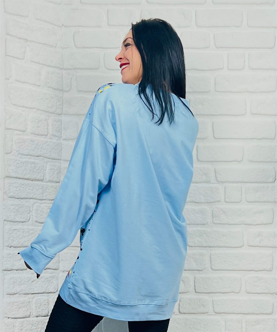 Mavi Bisiklet Yaka Boyalı Mickey Mouse Baskılı Sweatshirt