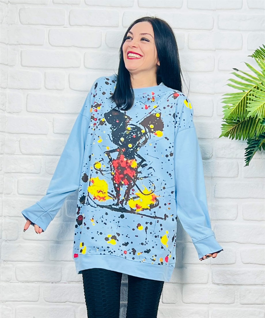 Mavi Bisiklet Yaka Boyalı Mickey Mouse Baskılı Sweatshirt