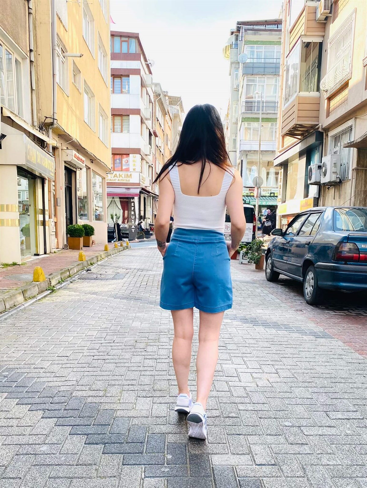 Mavi Full Likralı Cepli Şort