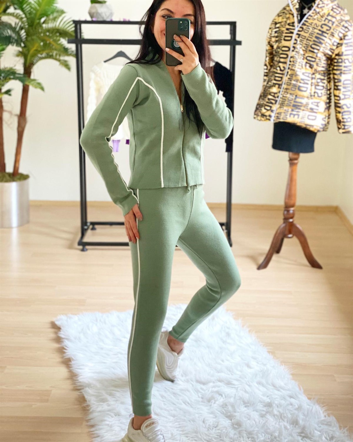 Mint Fermuarlı Şerit Detaylı 2li Triko Takım