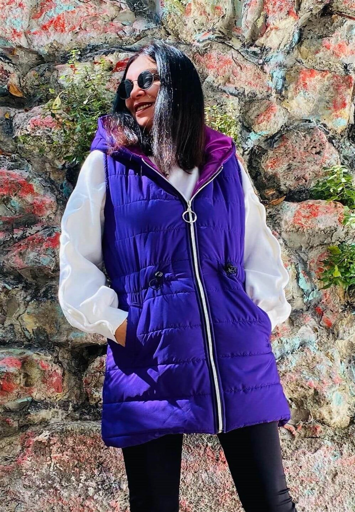 Mor Ara Boy Bel Ayarlanabilir Kapişonlu Su Geçirmez Şişme Yelek