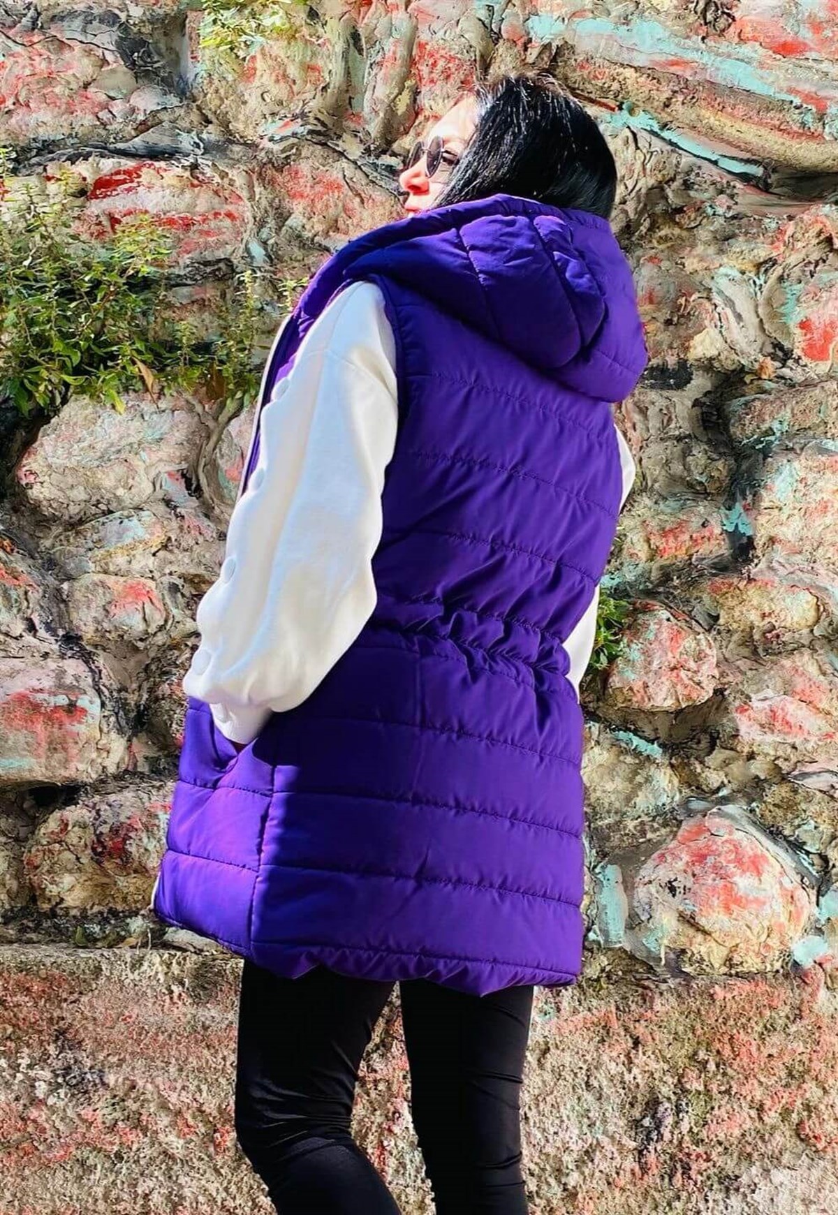 Mor Ara Boy Bel Ayarlanabilir Kapişonlu Su Geçirmez Şişme Yelek