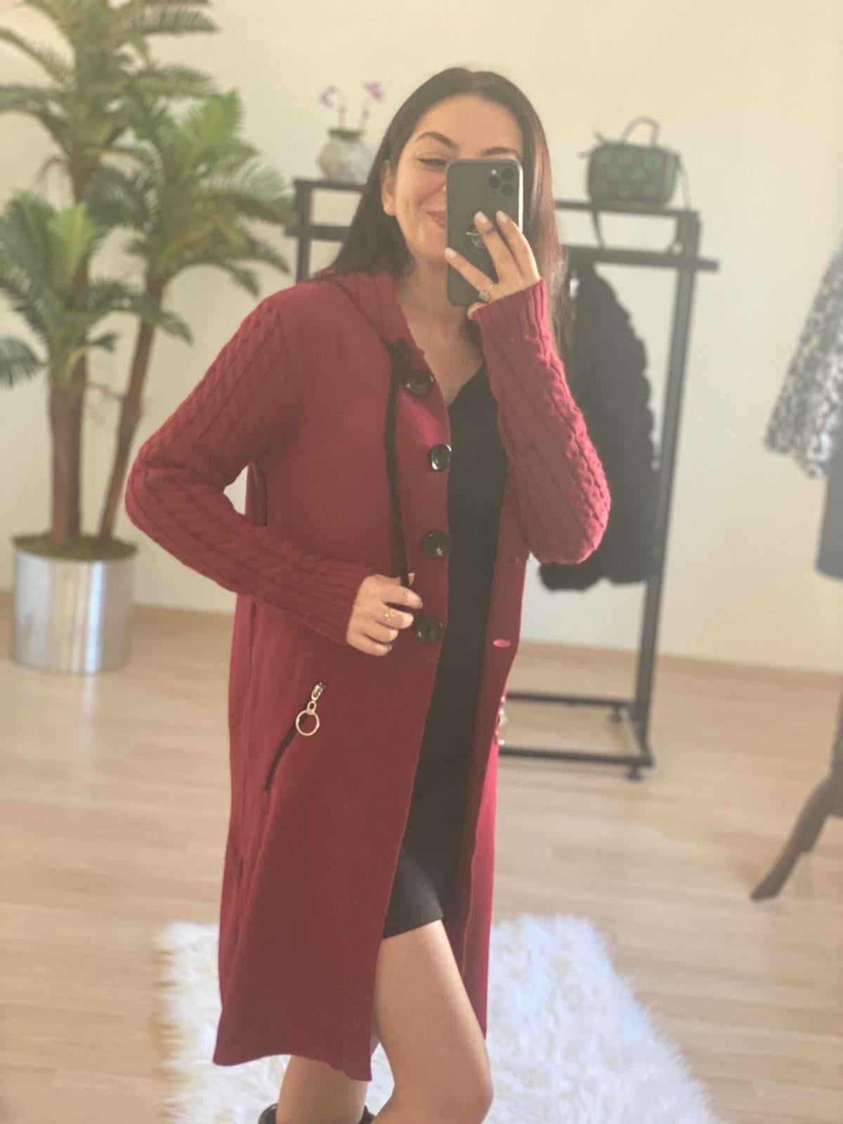 Örme Detaylı Kapişonlu Bordo Renk Triko Hırka