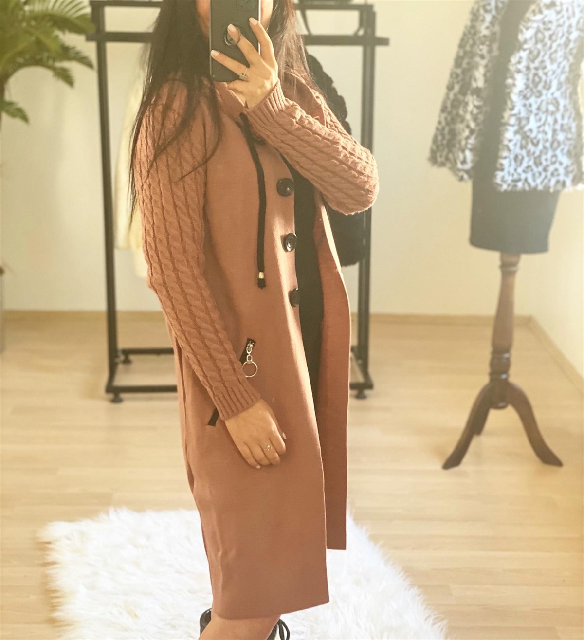 Örme Detaylı Kapişonlu Gül Rengi Triko Hırka