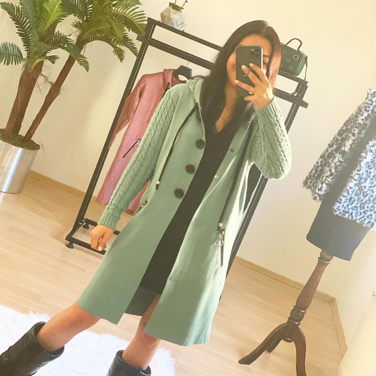 Örme Detaylı Kapişonlu Mint Rengi Triko Hırka