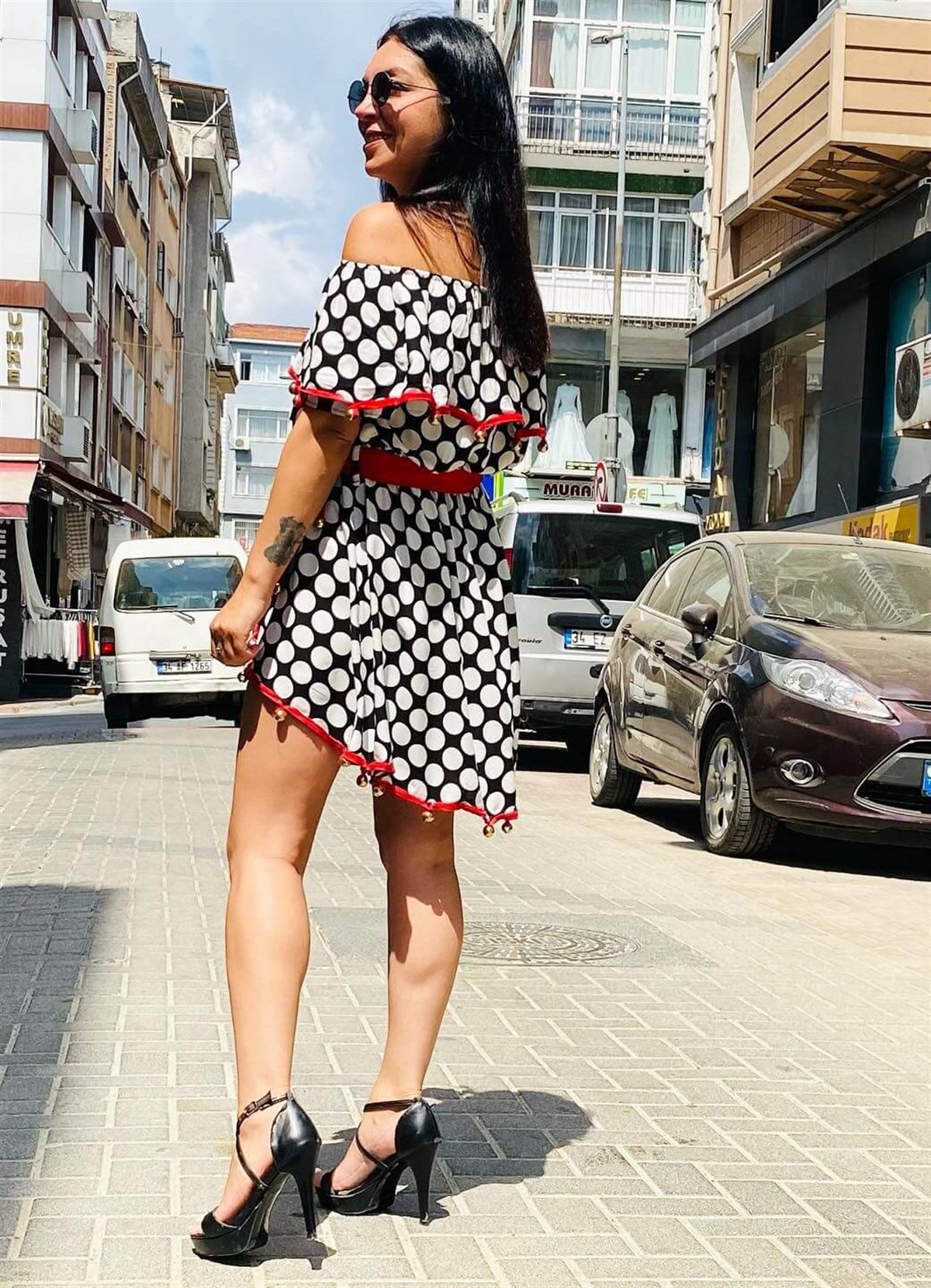 Özel Tasarım Kemerli Puantiyeli Elbise