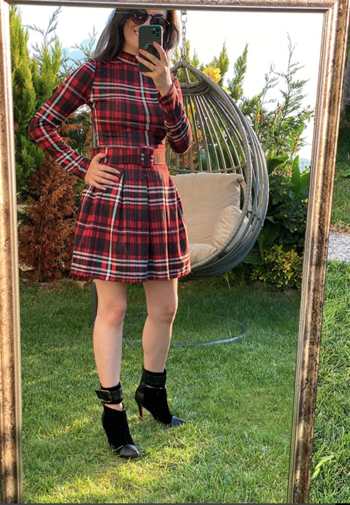 Pamuklu Örme Kumaş Kemer Dahil Kırmızı Kareli Elbise