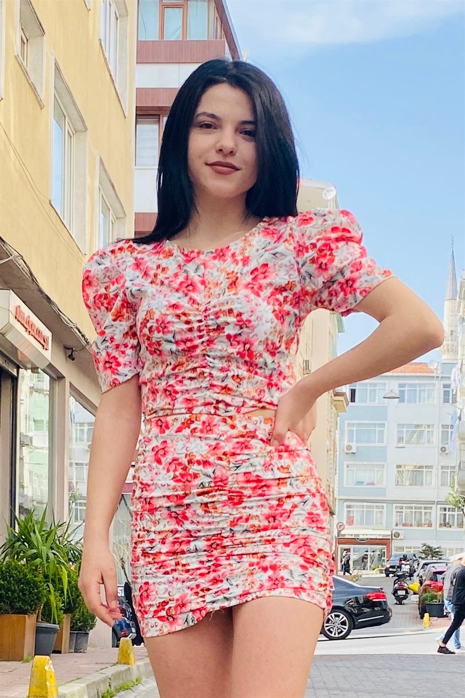 Pembe Büzgülü Prenses Kol Bluz Etek İkili Takım
