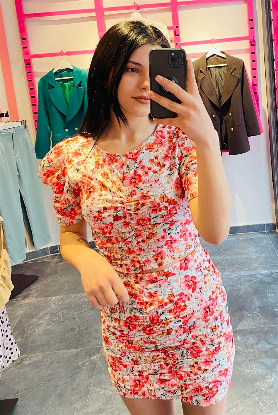 Pembe Büzgülü Prenses Kol Bluz Etek İkili Takım