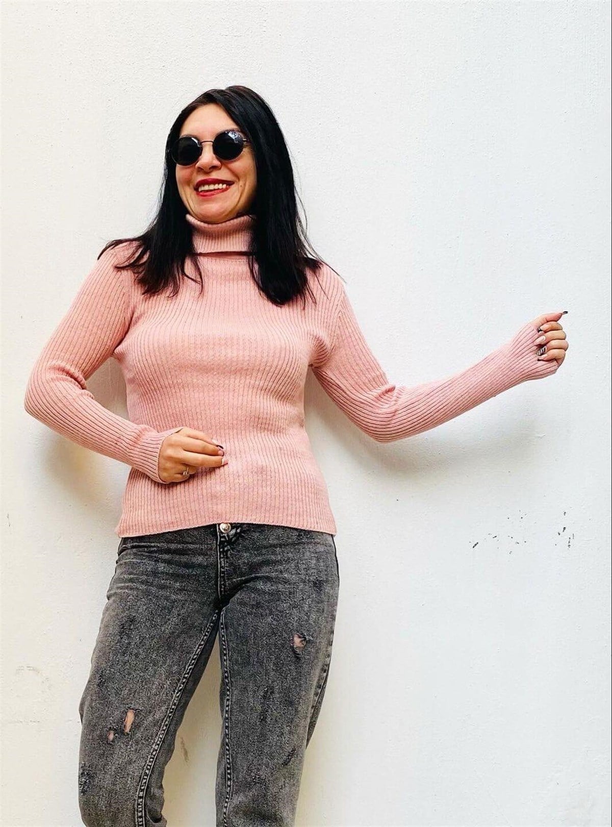 Pembe Pamuklu Balıkçı Triko Kazak 