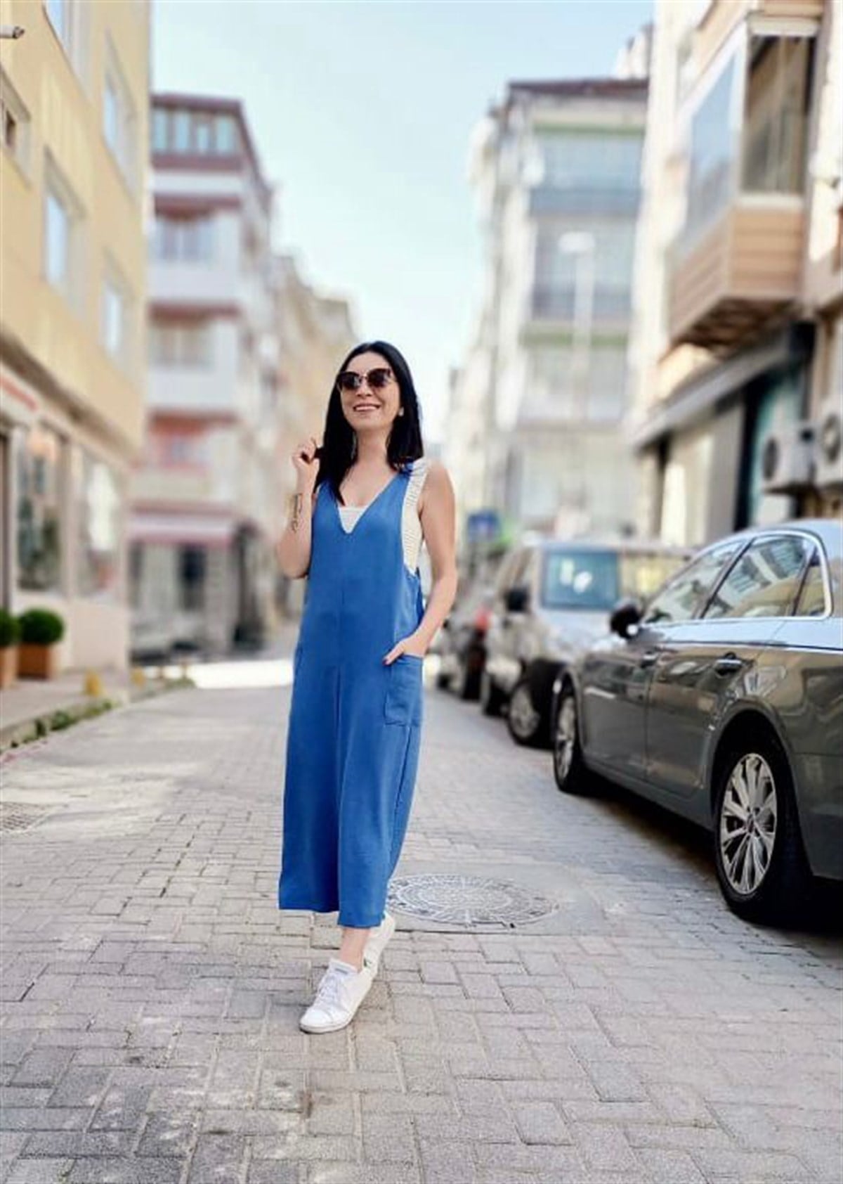 Rahat Kalıp Tasarım Yeni Sezon Cepli İndigo Tulum
