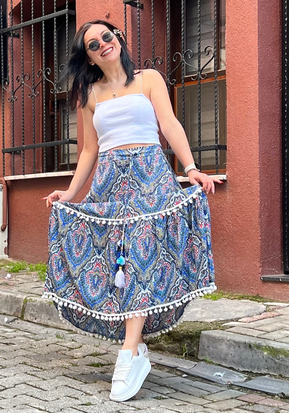 Saks Bel Lastikli Popon Detaylı Etek Ucu Ponponlu Midi Etek