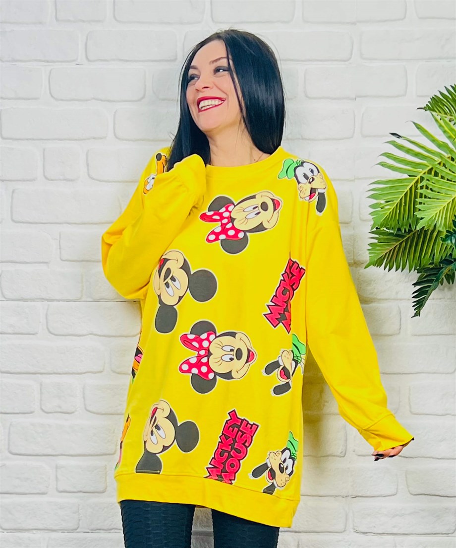 Sarı Bisiklet Yaka Mickey Mouse Baskılı Sweatshirt 