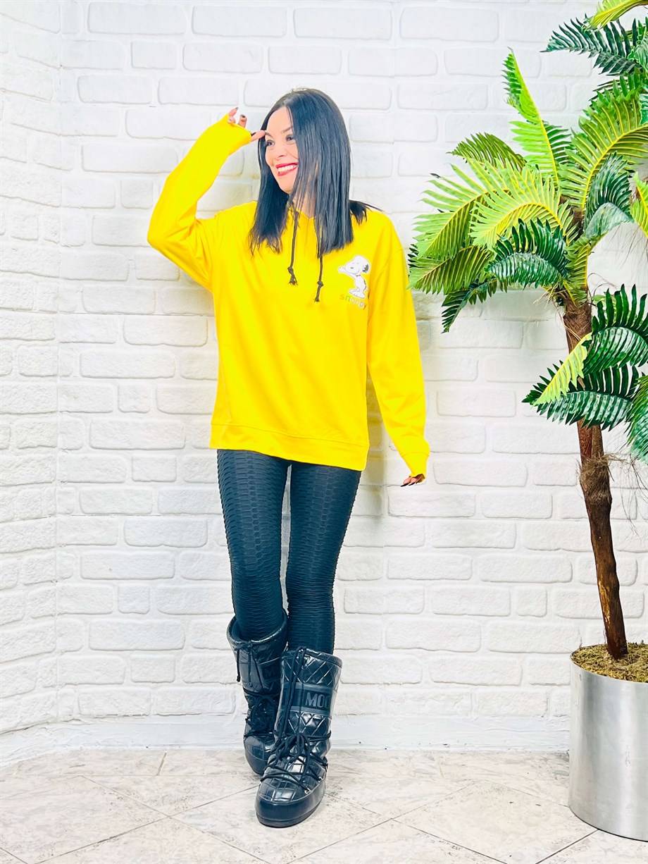 Sarı Kapüşonlu Snoopy Baskılı Sweatshirt 