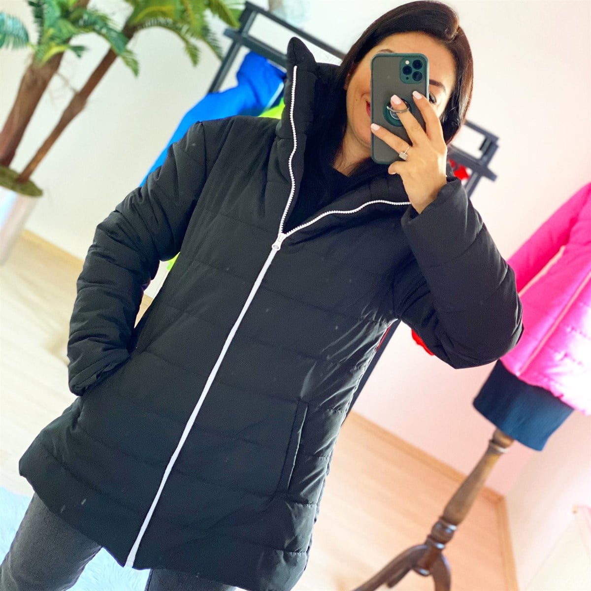 Siyah Ara Boy Şişme Mont