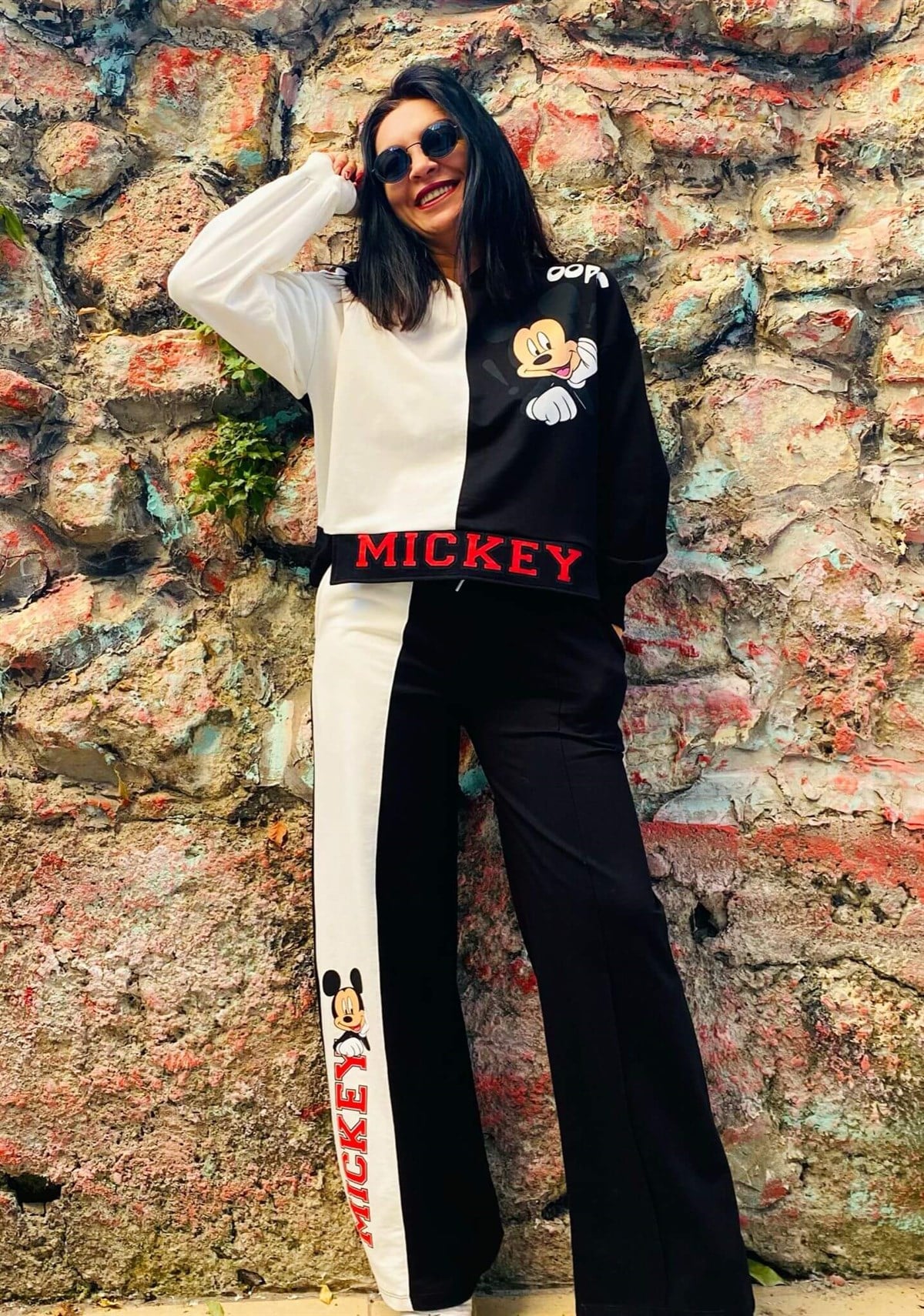 Siyah Beyaz Mickey Takım Rahat Kalıp Palazzo Pantolon Ayarlanabilir Tunik Sweat 