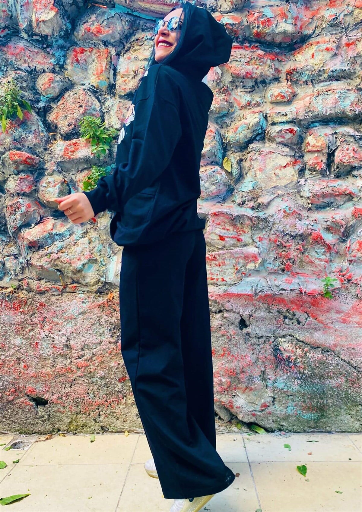 Siyah Beyaz Mickey Takım Rahat Kalıp Palazzo Pantolon Ayarlanabilir Tunik Sweat 