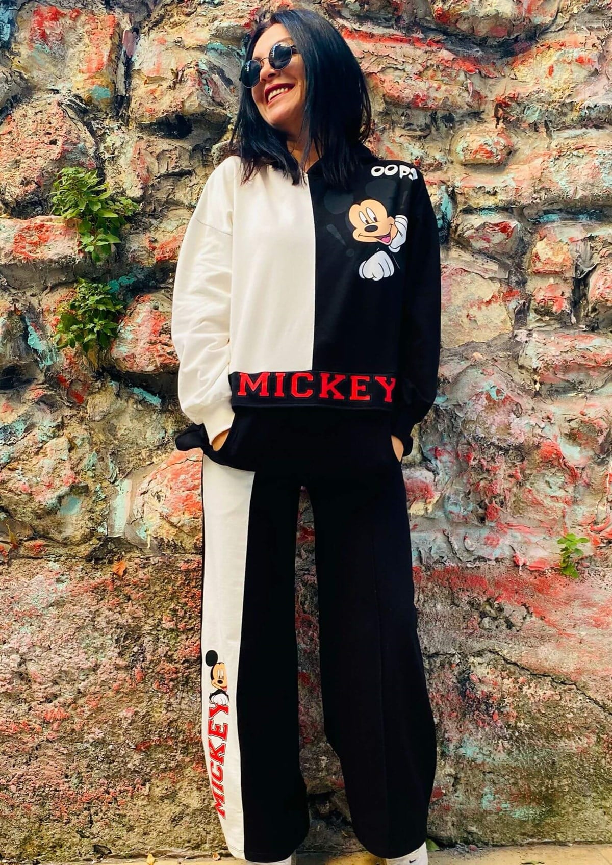 Siyah Beyaz Mickey Takım Rahat Kalıp Palazzo Pantolon Ayarlanabilir Tunik Sweat 