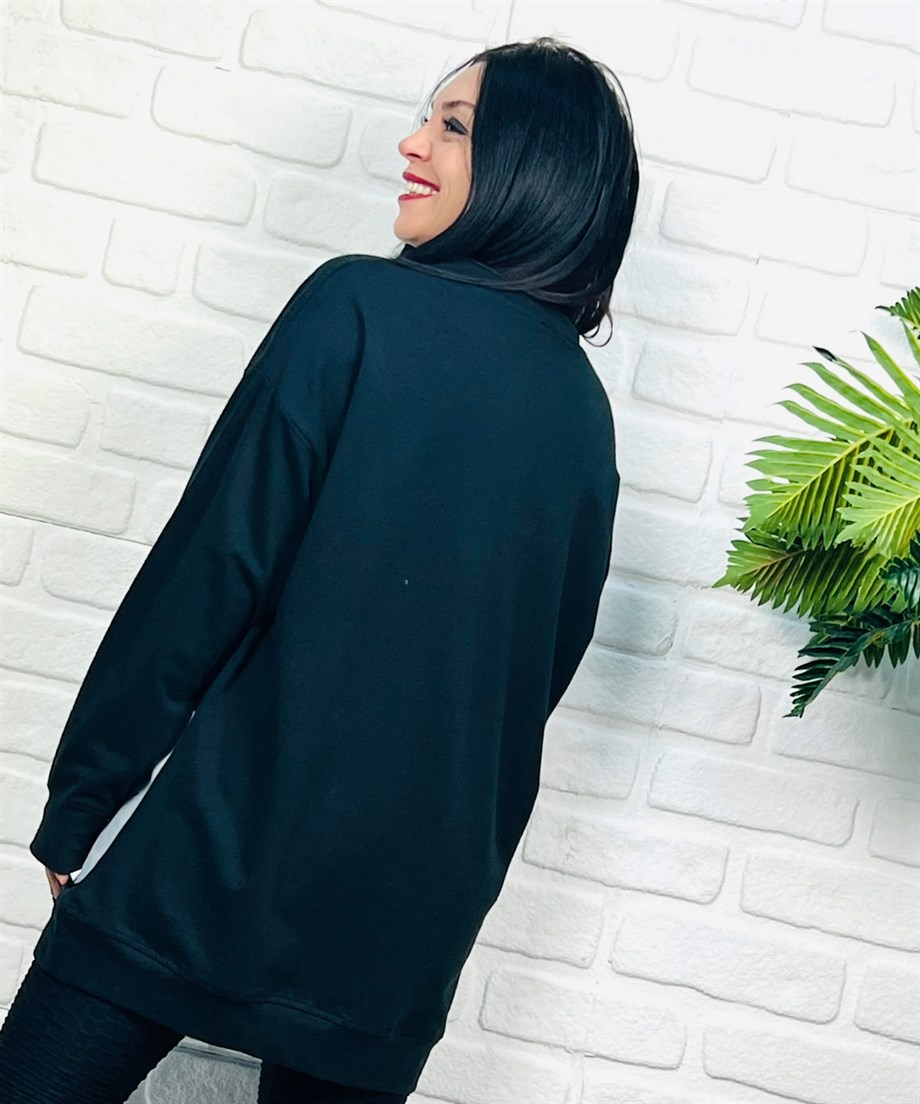 Siyah Bisiklet Yaka Çizgi Karakter Baskılı Sweatshirt