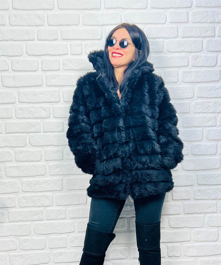 Siyah Ceket Yaka Kat Kat Vintage Peluş Mont
