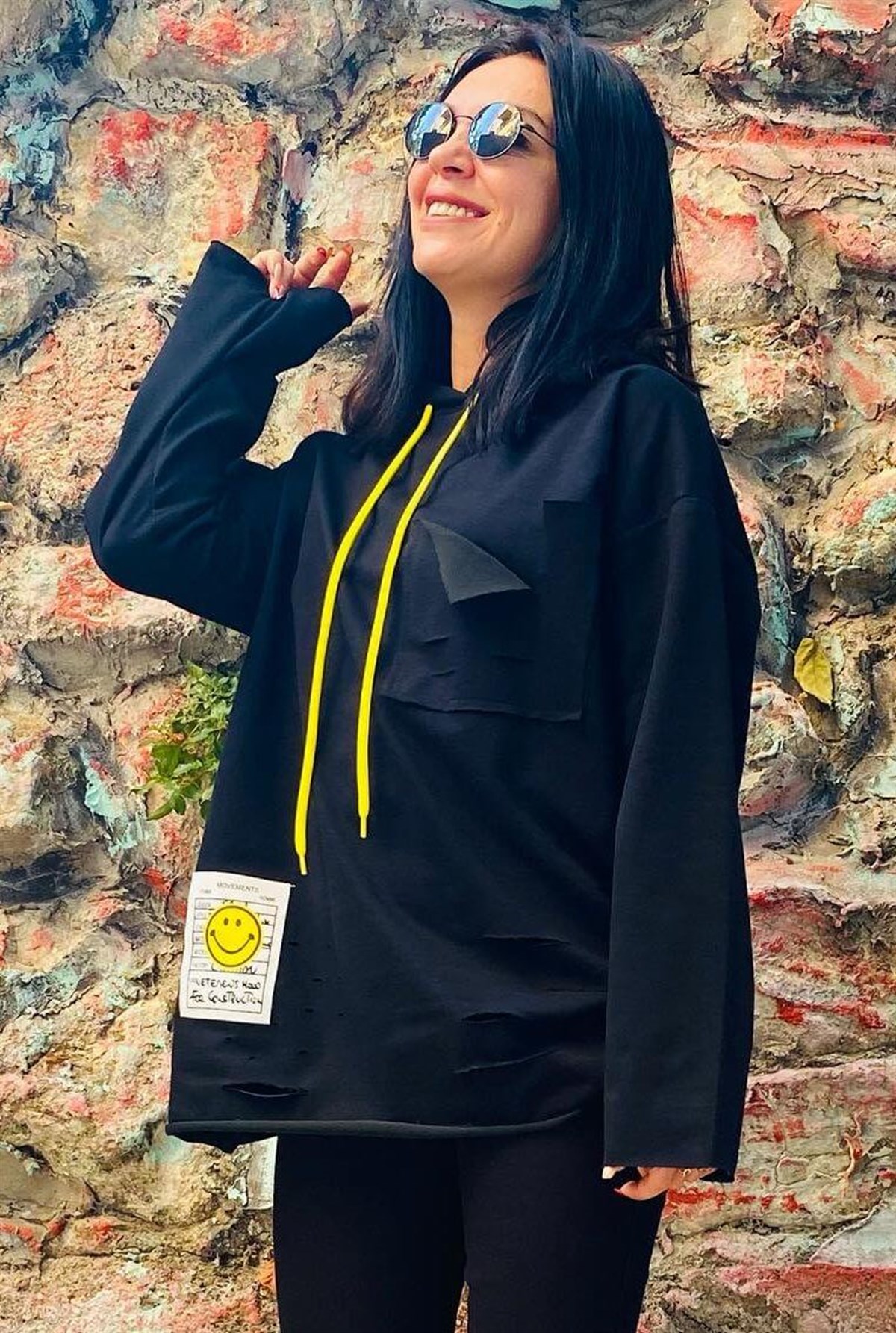 Siyah Kapişonlu Yırtık Detaylı Tunik Sweat