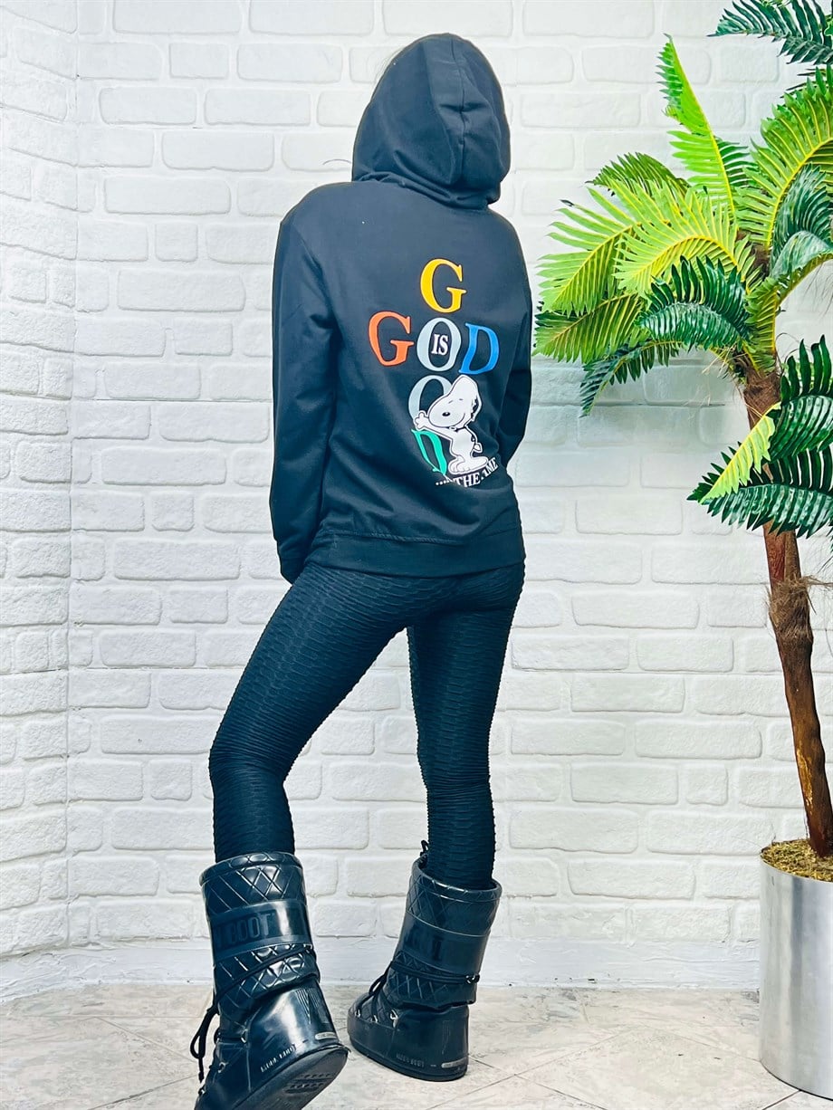 Siyah Kapüşonlu Snoopy Baskılı Sweatshirt 