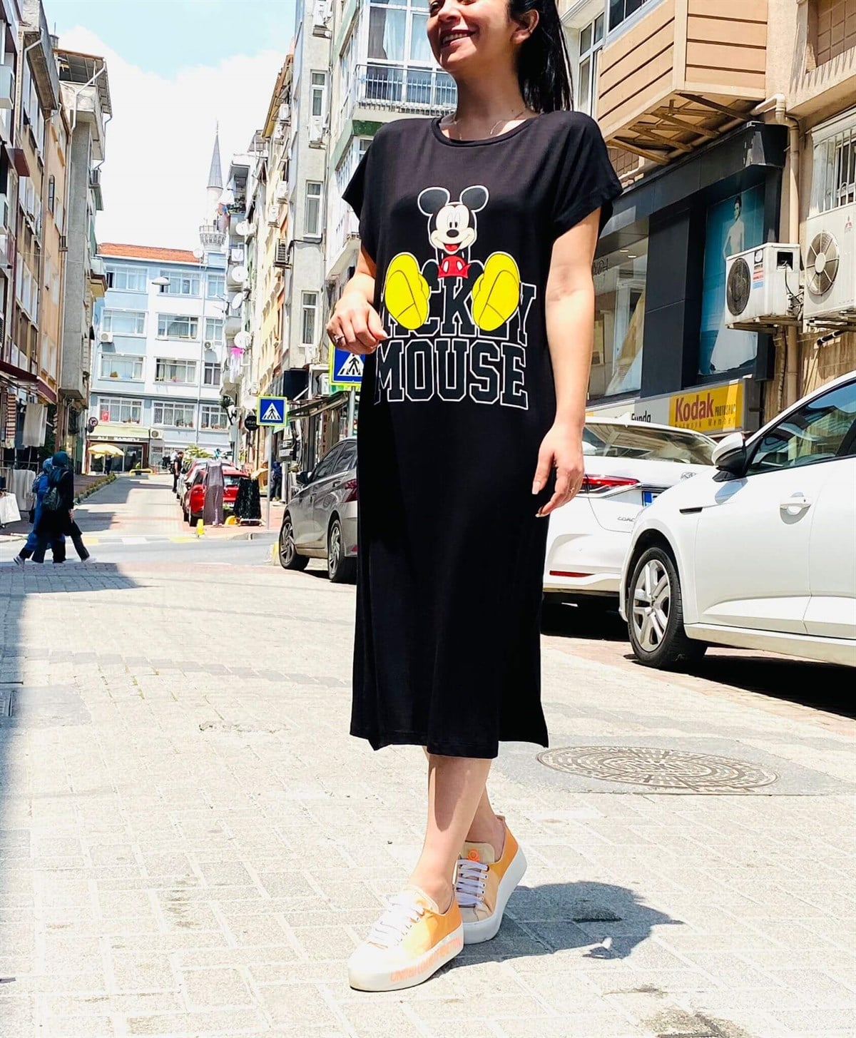 Siyah Pamuklu Basic Mickey Elbise