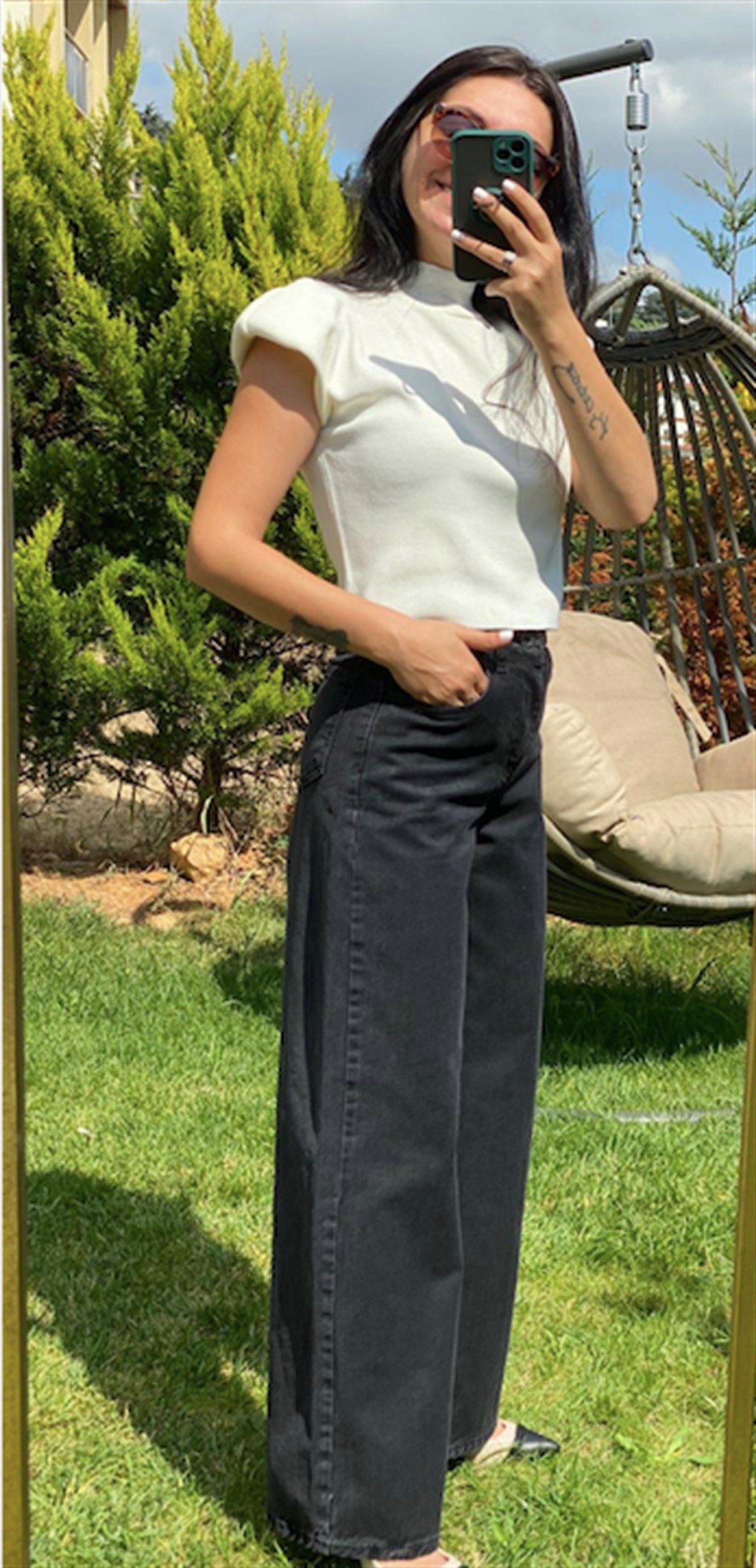Siyah Yüksel Bel İspanyol Paça Mom Jean