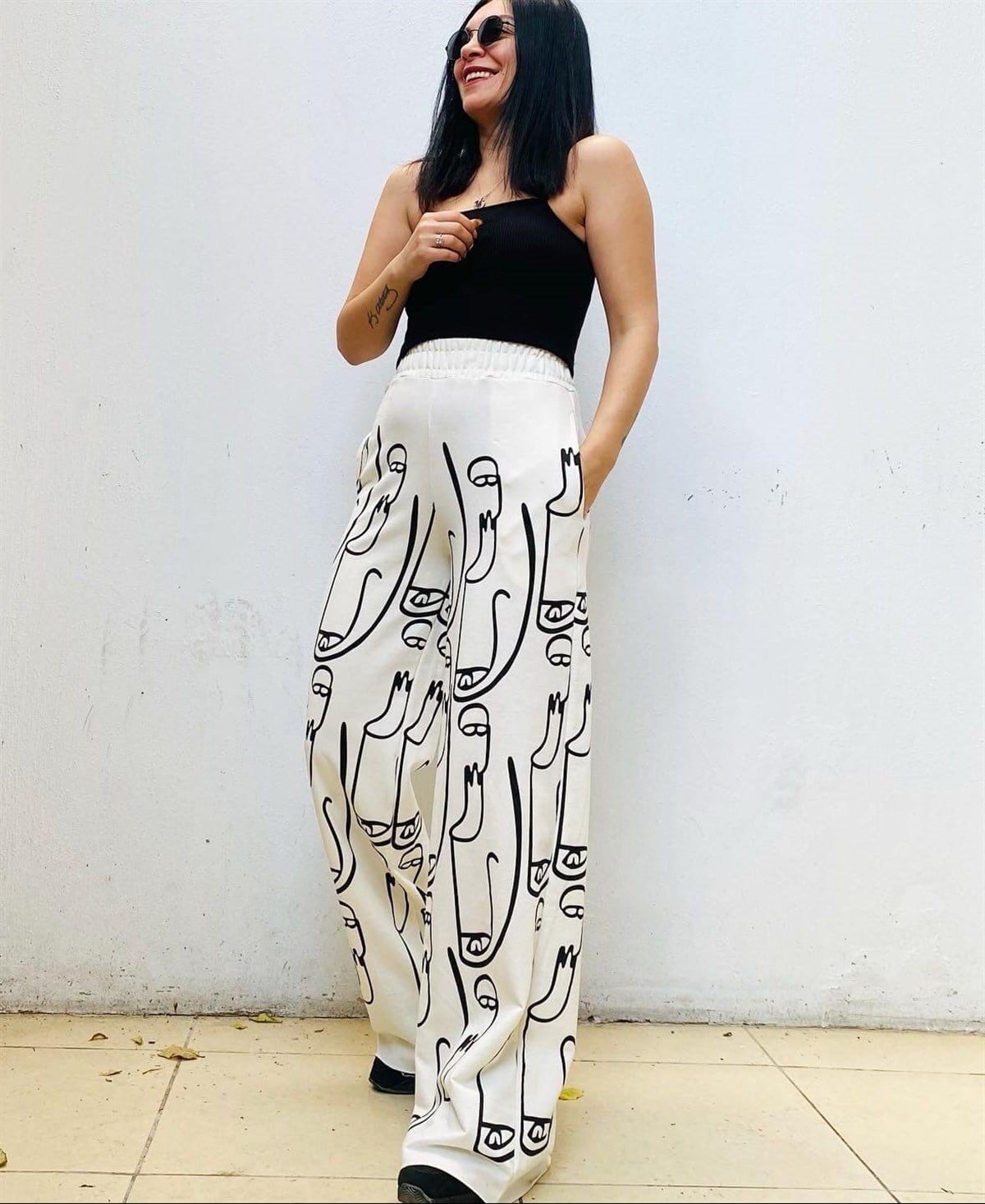 Slüet Baskılı Palazzo Model Ekru Rahat Kalıp Eşofman