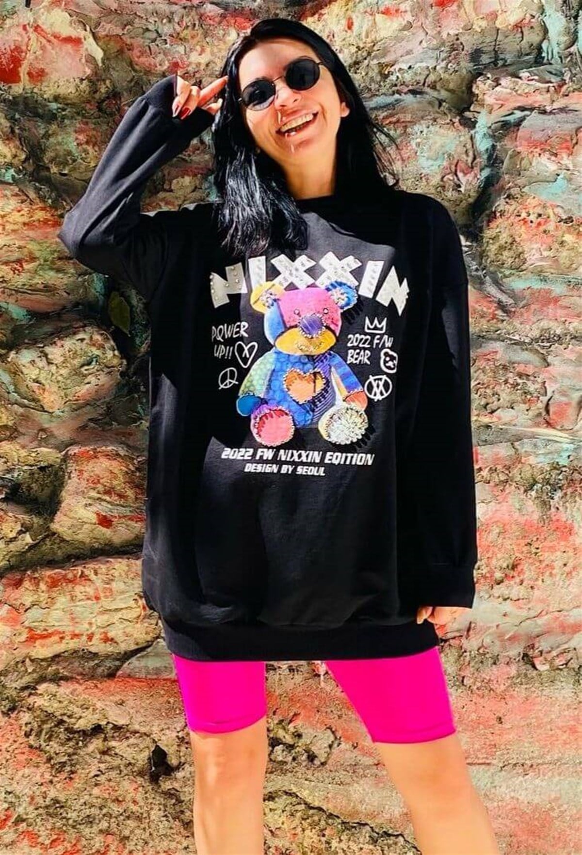 Taş Detaylı 3 Boyurtlu Ayıcıklı Siyah Tunik Sweatshirt