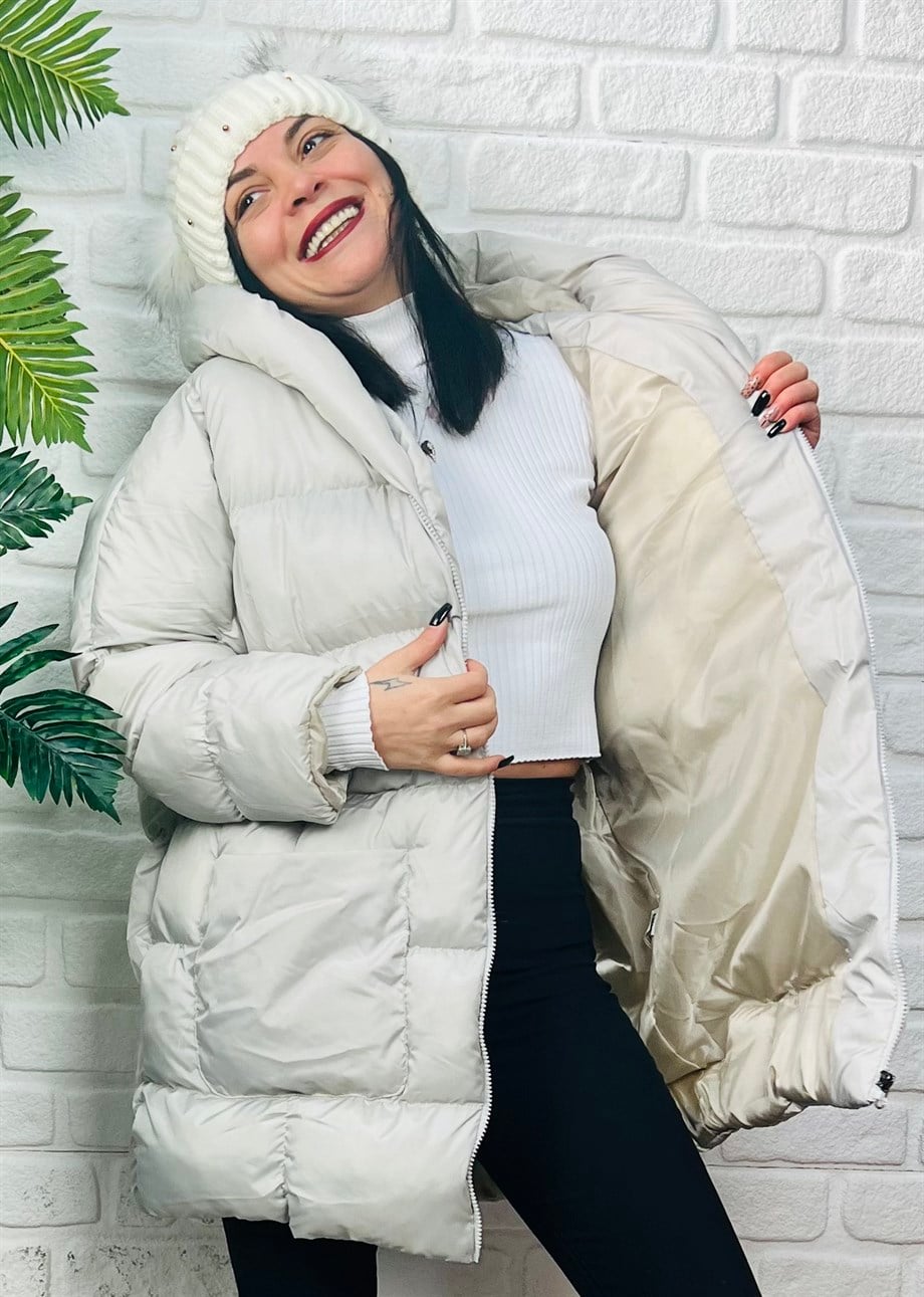 Taş Kapüşonlu Yarasa Kol Oversize Şişme Mont