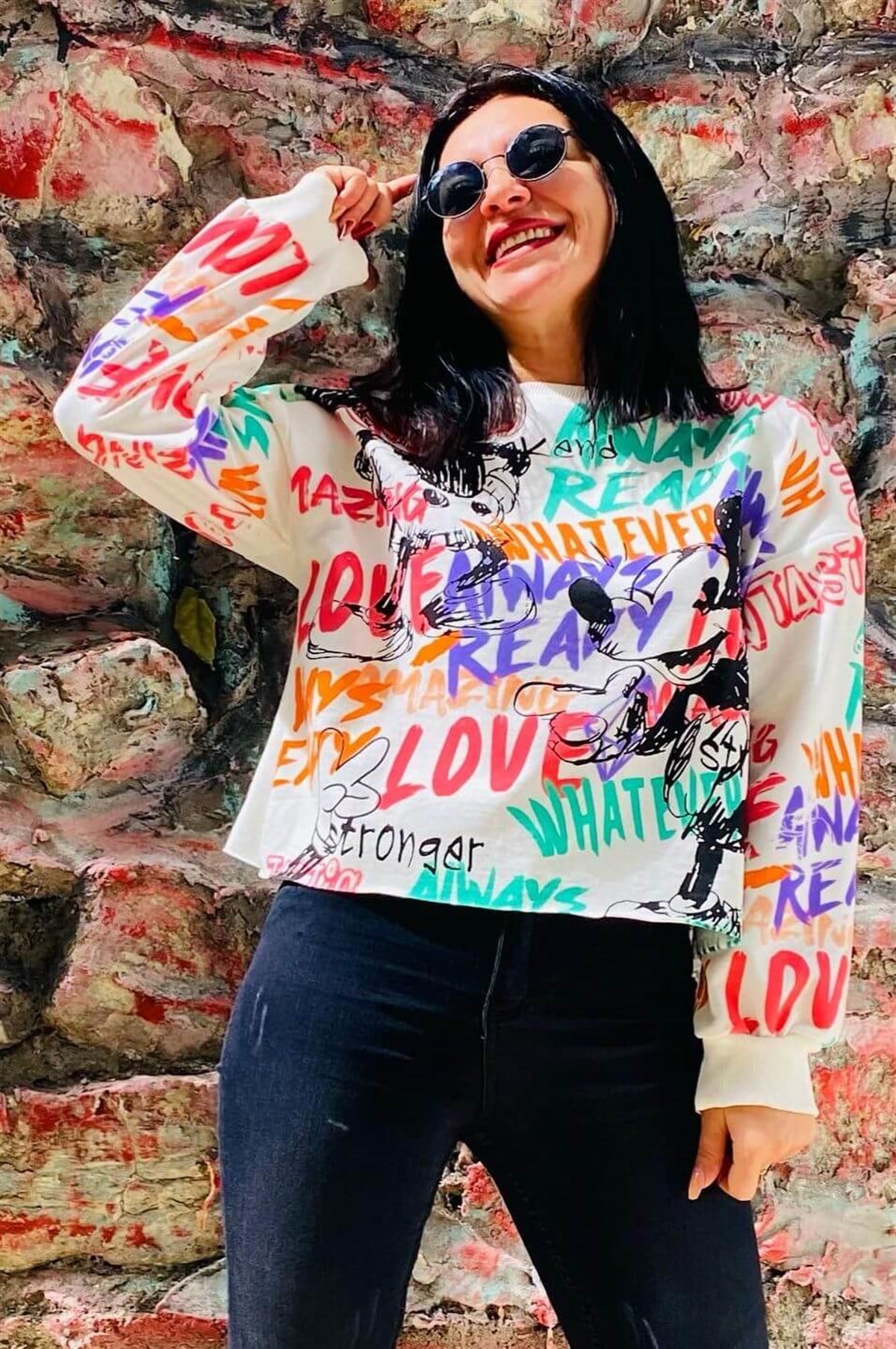 Yazı Detaylı Mickey Beyaz Sweat